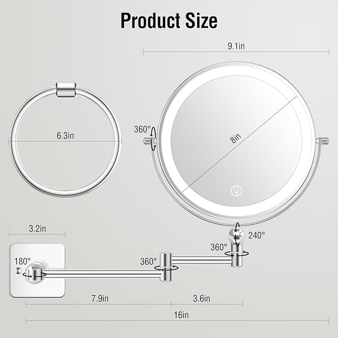 360° Rotation Adjustable 10x Large Wall Mounted Makeup Mirrror, Height Adjustable Lighted Mirror, 8" Double Sided Mirror, 1X/10X Magnifying Bathroom Mirror, Detachable Ring, 3 Color Lights