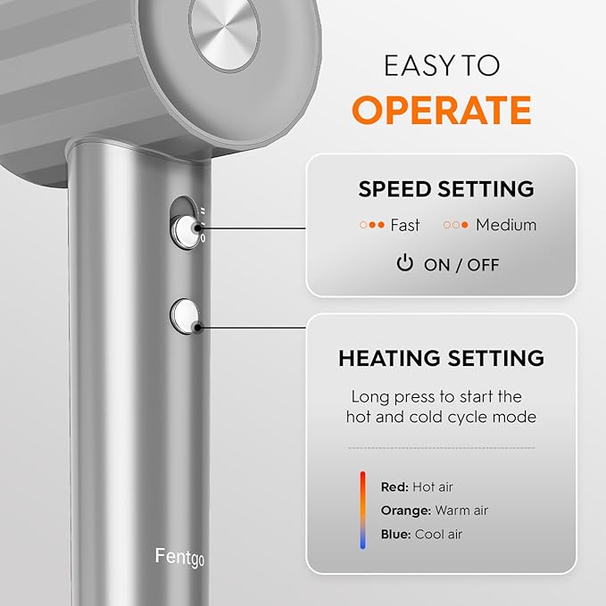 Ionic Hair Dryer, Professional High Speed Blow Dryer with Brushless Motor for Fast Drying, Low Noise, Lightweight, Thermo-Control Bowdryer for Women Home (Grey)