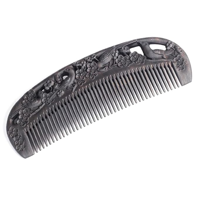 Ebony Wood Comb - Carved Craft Natural Black Sandalwood Hair Comb for Women - No Static Fine Tooth Comb with gift box (Birds and flowers)