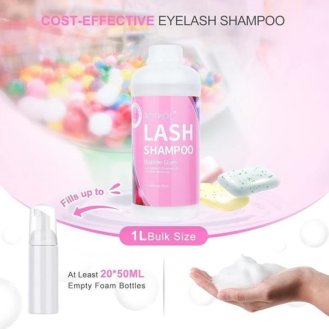 Eyelash Extension Cleanser Bubble Gum 1L Natural Lash Extension Shampoo Professional Eyelid Foaming Cleanser Paraben & Sulfate Free Non-lrritating with Salon and Home Care