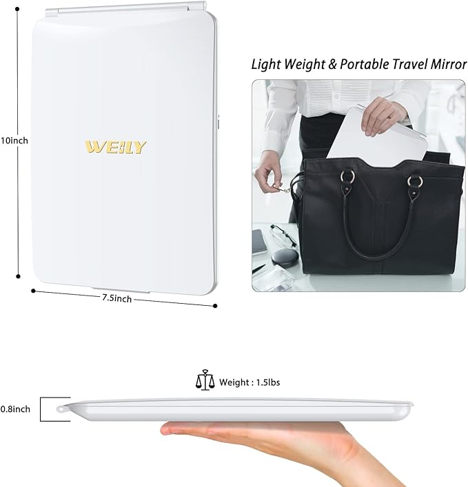 WEILY Portable Travel Mirror Makeup Mirror with 72 LED Lights, Touch Screen Three Colors Dimmable,Ultra Thin, 2000 mAh USB Rechargeable Foldable Cosmetic Mirror(White)