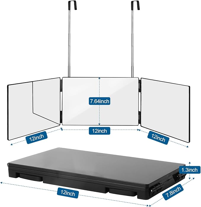 3 Way Trifold Haircut Mirror, 360 Degree Mirror for Hair Cutting, Shaving, Grooming, Hair Styling, Dye Hair and Makeup with Adjustable Height Brackets, Portable for Travel, Bedrooms, Bathroom (Black)