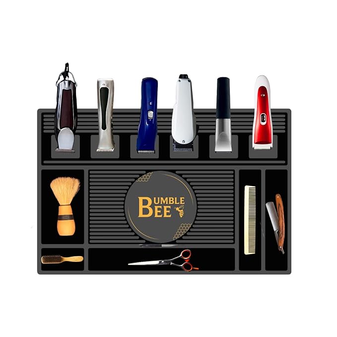 BUMBLE BEE Barber Equipment, Magnetic Barber Mat Non-Slip Heat Resistant Surface - Barber Mats for Clippers, Quick Access, Easy Cleaning - Barber Station Mat and Barber Organizer Station. (Large)