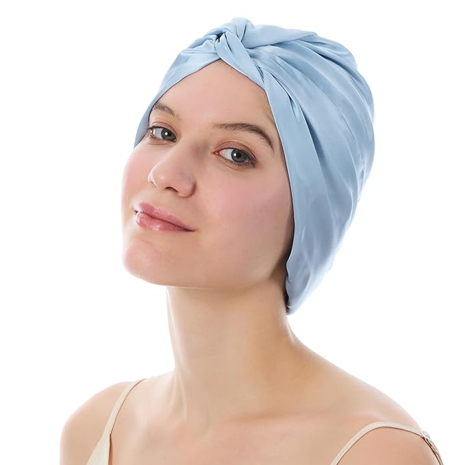 Silk Bonnet for Sleeping Women, 100% Mulberry Silk Sleep Cap with Elastic Band, Real Mulberry on Both Sides, Light Blue