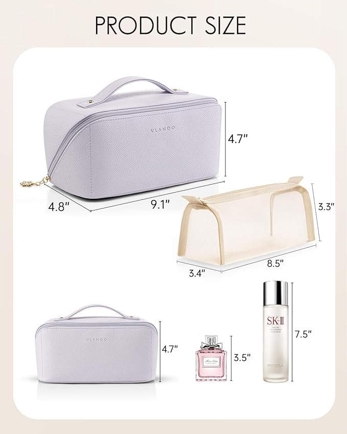 Vlando Makeup Bag,Travel Makeup Bag Waterproof Portable Cosmetic Bag PU Leather Open Flat Make up Organizer for Travelers teen Girls Women,Christmas Gifts for Women(Purple)