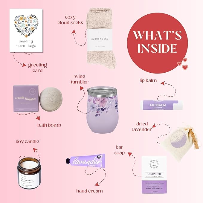 Unboxme Valentine's Day Lavender Spa Gift Set - Relaxation Gifts For Women - Get Well Soon Gift Basket with Scented Candle, Bath Bomb, Soap (""Sending Hugs"" Greeting Card, Luxury Lavender Collection)