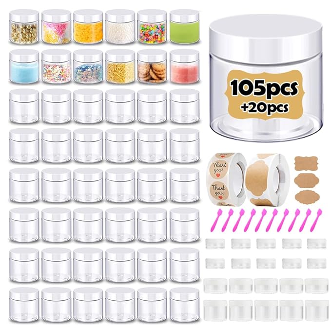 4 oz Plastic Containers with Lids 105pcs Plastic Jars with White Lids + 3/5/10/20 Gram 20pcs Sample Containers Travel Jar– Great for Lip Scrub, Body Butters, Cream, Slime, Craft Storage