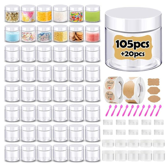 4 oz Plastic Containers with Lids 105pcs Plastic Jars with White Lids + 3/5/10/20 Gram 20pcs Sample Containers Travel Jar– Great for Lip Scrub, Body Butters, Cream, Slime, Craft Storage