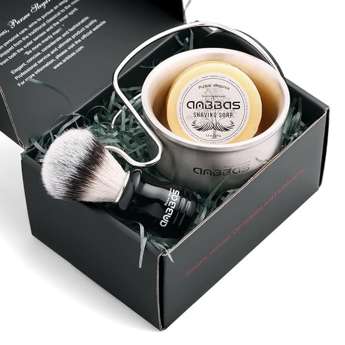 Anbbas Synthetic Badger Shaving Brush with Stainless Steel Shaving Stand and Lathering Foam Bowl, 3.5 oz Natural Shaving Soap Puck Refill for Men Wet Shave