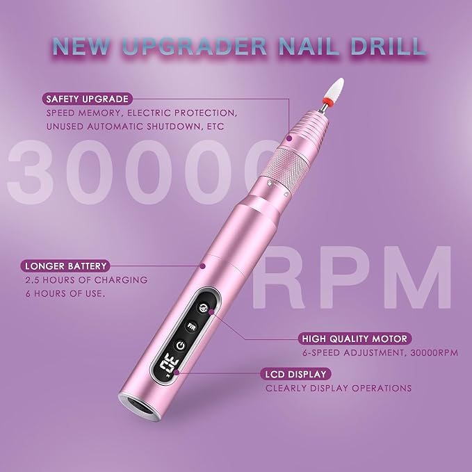 Cordless Electric Nail Drill Professional, 30000RPM Portable Nail File Machine Kit Manicure Pedicure Tools Polishing Set for Acrylic Gel Dip Powder Nails with Nail Drill Bits Sanding Bands