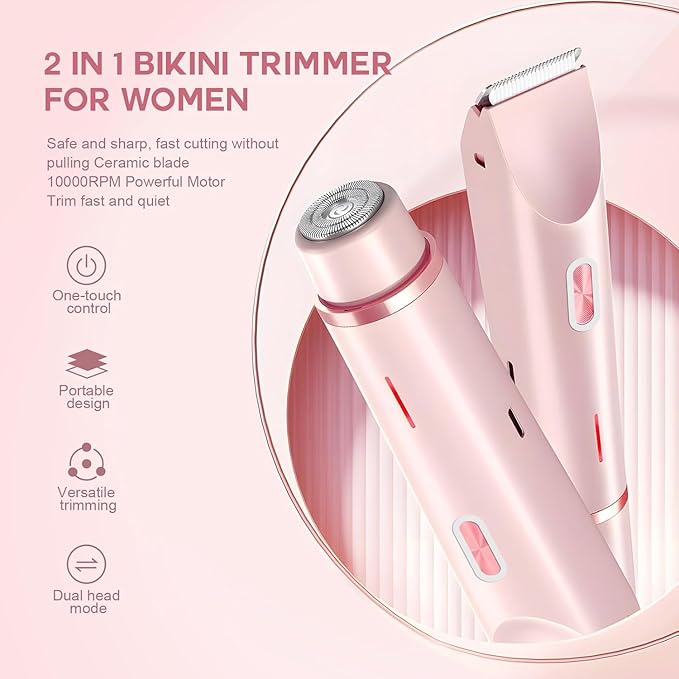 Glow Aura Bikini Shaver,Glow Aura 2 in 1 Electric Shaver Wet,Wet and Dry, Painless Hair Removal, Removable Head(Pink) 1