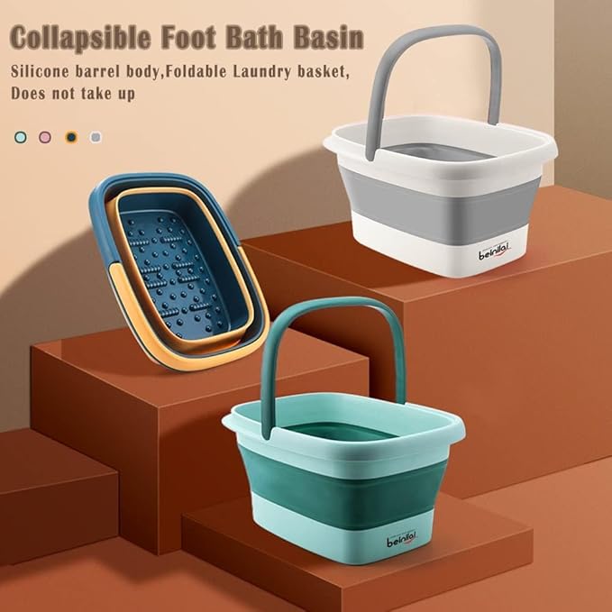 Collapsible Foot Bath Basin for Soaking Feet,Foot Soak Tub,Plastic Foot Bucket with Handles and Massage Acupoint,Foldable Laundry Basket-Gery (2 Pack)