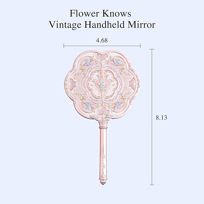 Flower Knows Butterfly Cloud Collar Hand Mirror,Portable Vintage Handheld Mirror,Durable Metal Mirror,Cute & Aesthetic Princess Mirror,with Long Handle for Easy Holding,Gift for Girls(Lotus Pink)
