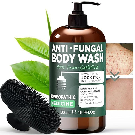 Antifungal Body Wash with Tea Tree Oil | Antibacterial Soap for Back Acne,Treats Ringworm, Eczema & Jock Itch | Antibacterial Body Soap For Men And Women | Includes Silicon Body Scrubber (16.9 oz)