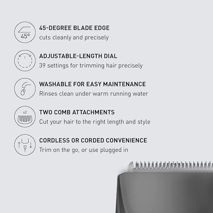 Panasonic Performance Hair Clippers with 2 Attachments and Adjustable Length Settings, Corded or Cordless Trimmer for Hair and Beard - ER-GC63-H (Silver)