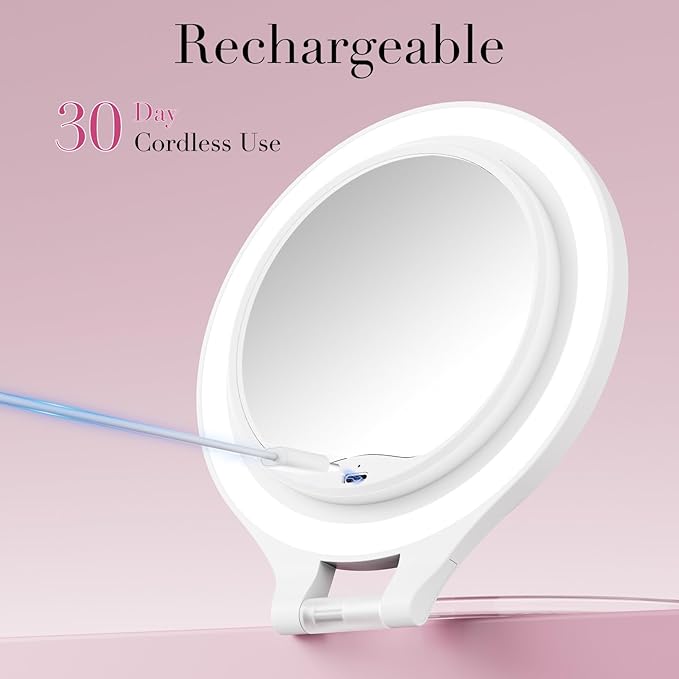 FASCINATE Magnifying Mirror with Light 10X/1X, Double Sided Travel Mirror with Light, Rechargeable Makeup Mirror with 3 Color Setting Adjustable Stand Lighted Mirror Vanity Portable Desk Cosmetic