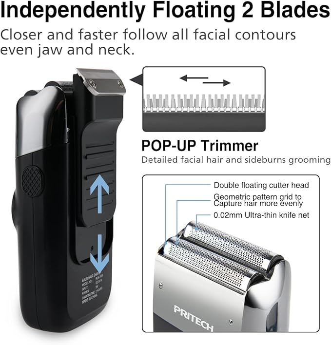 PRITECH Foil and Bald Shavers 2 in 1 Electric Shaver for Men Foil Blade and PopupTrimmer with Rechargeable 3 Adjustable Speeds Men's Shaver (Black Silver)