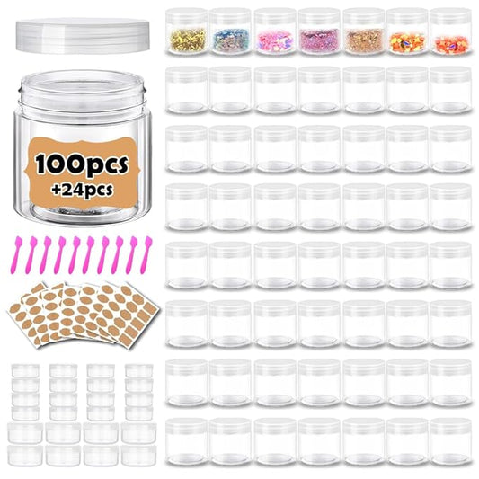 2 oz Plastic Containers with Lids 100pcs Plastic Jars with Clear Lids + 3/5/10 Gram 24pcs Sample Containers Travel Jar– Great for Lip Scrub, Body Butters, Cream, Lotion, Labels & Spatulas (124 Pack)
