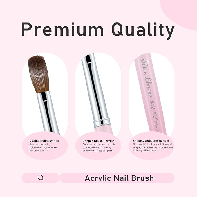Acrylic Nail Brush Size 12, 100% Pure Kolinsky Nail Brush for Acrylic Application, Professional Nail Extension Manicure Tool Nail Drawing Pen for DIY Home Salon(Pink)