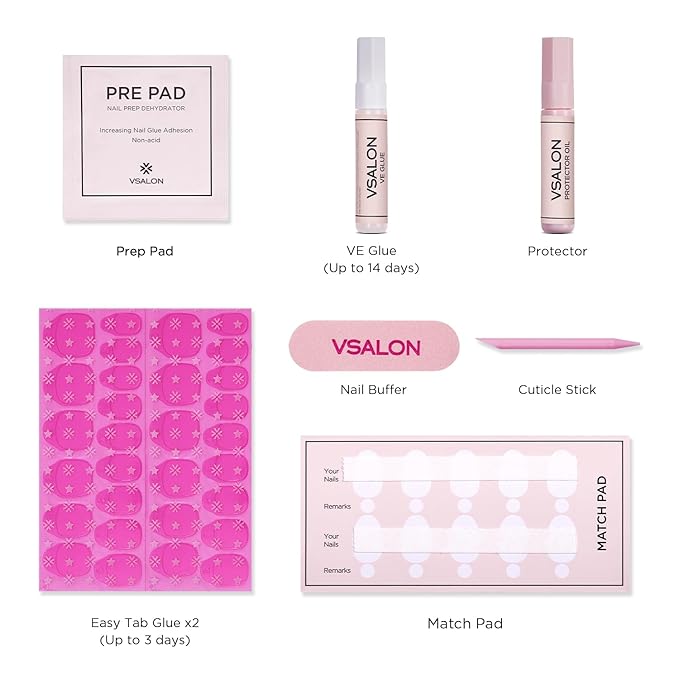 VSALON Short Coffin Press-On Nails - Pink Cat Eye Glue on Nails, Reusable Fake Nails with Nail Glue, Protector Cuticle Oil, Adhesive Tabs & Mini Nail File - 32 PCS in 16 Sizes (Pink Fantasy)