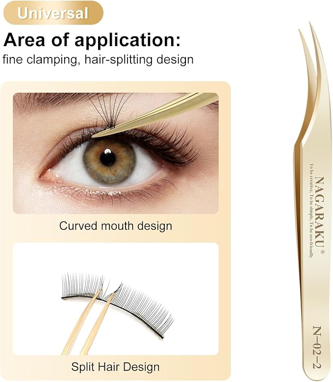 NAGARAKU Eyelash Extension Tweezers Gold Straight Isolation Professional Isolator Stainless Steel Precision (N-02-2)