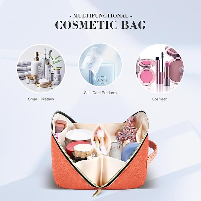 Travel Makeup Bag: Large Capacity Cosmetic Bag for Women, Portable PU Leather Waterproof Stuff Bag With Handle and Divider Flat Lay Makeup Pouch Toiletry Bag Birthday Gift for Women - Orange