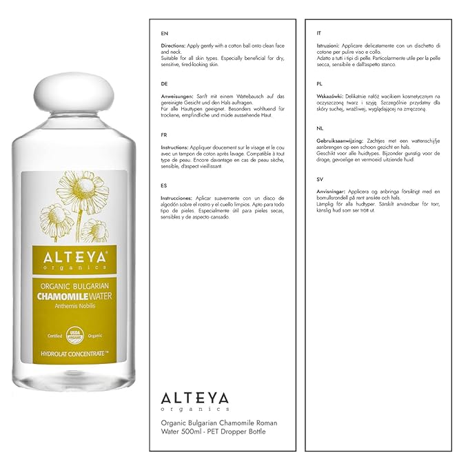 Alteya Organics Chamomile Water USDA Certified Organic Facial Toner, 17 Fl Oz/500mL Pure Bulgarian Anthemis Nobilis (Chamomile) Flower Water, Award-Winning Moisturizer BPA-Free Bottle with Reducer