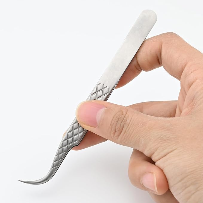 NAGARAKU Eyelash Extension Tweezers Diamond Grip with Pattern on tip Precision Durable Curved Professional for Classic Lash Fanning Volume (A-01)