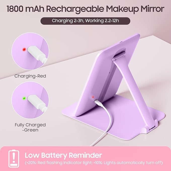 Benbilry Foldable Travel Makeup Mirror with Lights and 20X Magnification, Rechargeable Tabletop LED Vanity Mirror with Adjustable Stand, 3-Colored Dimmable Lighting, Portable Cosmetic Mirror, Purple