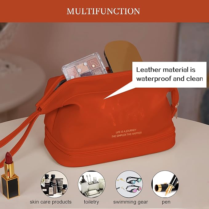 Abiudeng Large Capacity Makeup Bag Ladies Cosmetic Bag Travel Bag with Compartments Portable PU Leather Travel Makeup Bag with Handle