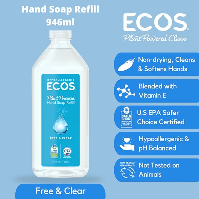 ECOS Supercharged Squeaky Clean: Free & Clear Refill Hand Soap (2 Pack) | Emphasizes both cleaning power friendliness