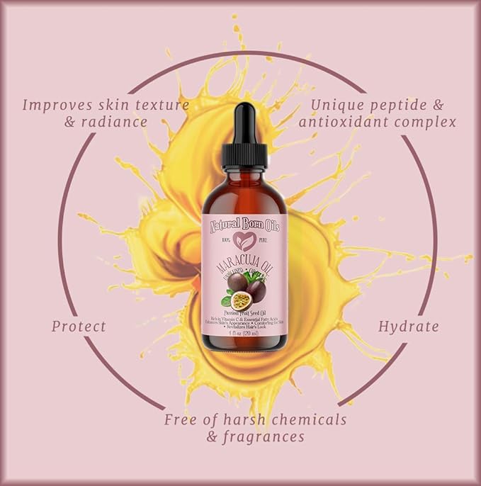 Natural Born Oils 4oz Maracuja (Passion Fruit Seed) Oil, 100% Pure and Natural, Organic, Cold-pressed, Unrefined, Rejuvenating, Includes Pump & Dropper