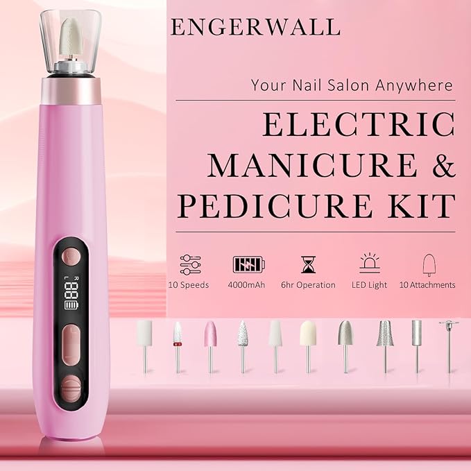 ENGERWALL Professional Manicure Pedicure Kit, Electric Nail File Set, Portable Cordless Electric Nail Drill Machine, 10 Speeds Nail Care Tool for Grind Trim Polish, Pink