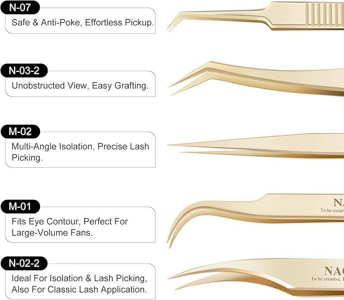 NAGARAKU 5 PCS Tweezers for Eyelash Extensions Straight and Curved Precision Professional Tweezer for Lash Extensions Volume Easy Fanning lash Precise Point with Storage Case Bag