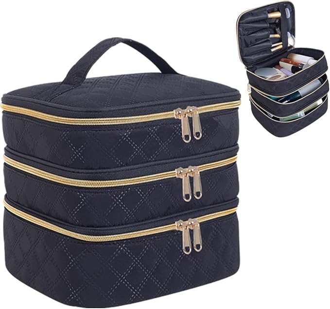 Large Makeup Bag 3 Layers with Handle Travel Makeup Bag Organizer Toiletry Accessories Bottles, Brushes, and Skin Care Products (Blakc)