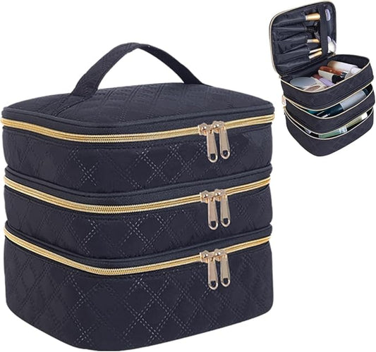 Large Makeup Bag 3 Layers with Handle Travel Makeup Bag Organizer Toiletry Accessories Bottles, Brushes, and Skin Care Products (Blakc)