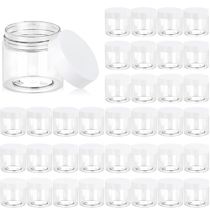 Eternal Moment 36 Pack 2 OZ Plastic Jars Round Clear Cosmetic Container Jars with White Lids, Perfect for Lotion, Slime，Cream, Ointments, Makeup, Eye Shadow, Samples, Pot, Travel Storage
