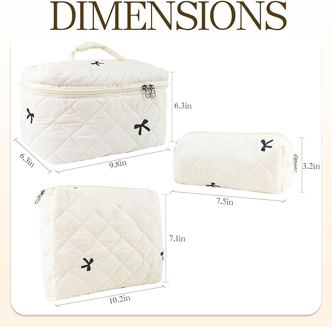 3Pcs Quilted Makeup Bag, Cute Floral Cotton Cosmetic Bag set, Coquette Bow Makeup Pouch Large Travel Toiletry Bag