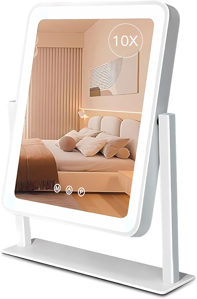 2025 Lighted Makeup Mirror, Hollywood Vanity Mirror with Lights, 3 Color Lighting Modes, 360° Rotation, Hd Glass Mirror, and 10X Magnification Mirror, Smart Touch Control for Home & Travel (White)