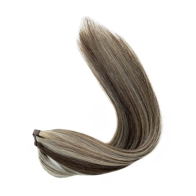 Ponytail Extension Human Hair Brown to Blonde Highlights Pony Tail Hair Pieces Clip in Wrap Around Pony Remy Hair Extensions for Women 14 Inch 80G #2P16