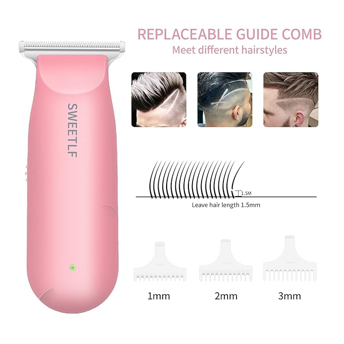 SweetLF Hair Clippers, Silent Cordless Hair Trimmer, Mini Hair Cutting Kit with 3 Guide Combs, USB Rechargeable, Portable, Pink