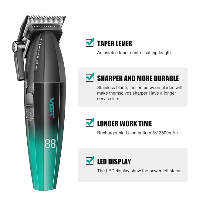 VGR 003 Fresh Fade Hair Clipper, Professional Hair Trimmer, Cord/Cordless Rechargeable Hair Cutting Tools with LED Display, 9000 RPM Barber Clippers, Green