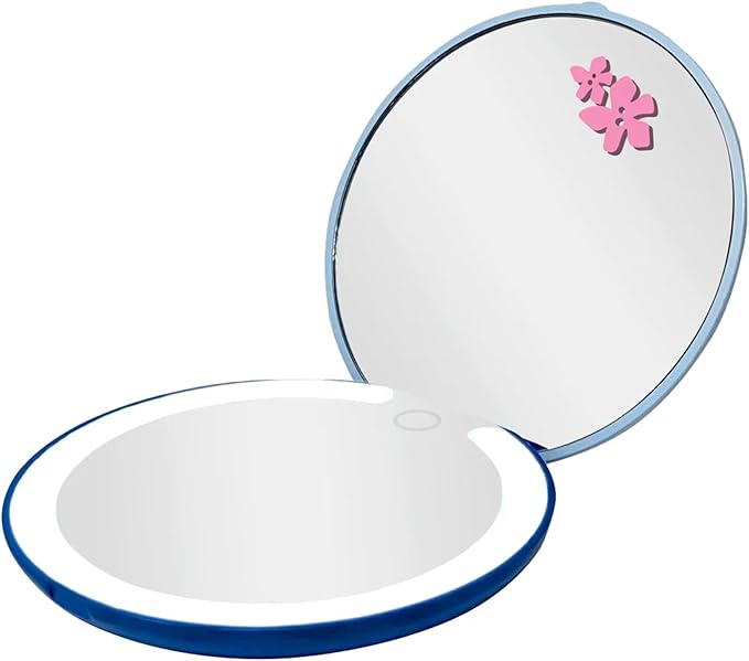 Impressions Vanity Disney Stitch Compact Mirror with Light, Double Sided Cute Travel Makeup Mirror with Magnification, Daylight LED Lighting, Adjustable Brightness, and Touch Control (Blue)