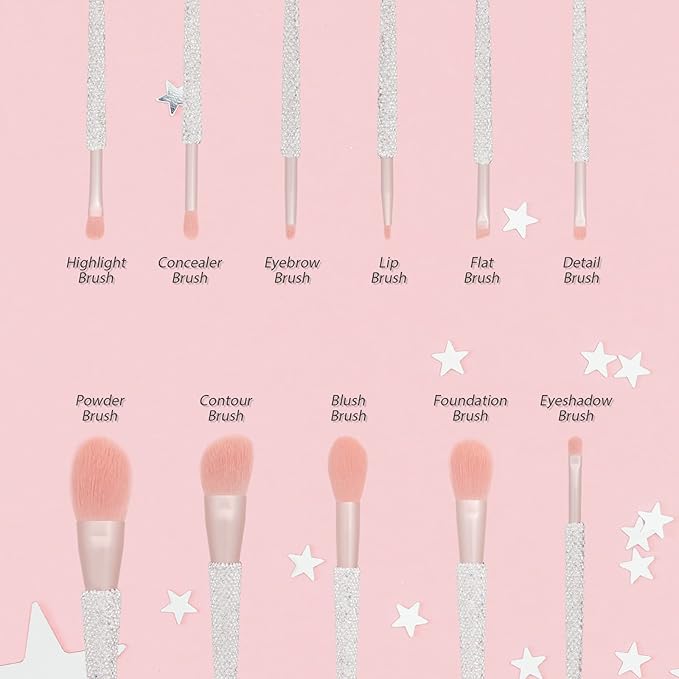 Professional Makeup Brushes Set 11PCS Bling Rhinestone Face Cosmetics Blending Liquid Foundation Powder Concealer Eye Shadows Make Up Beauty Tool Glitter (White)