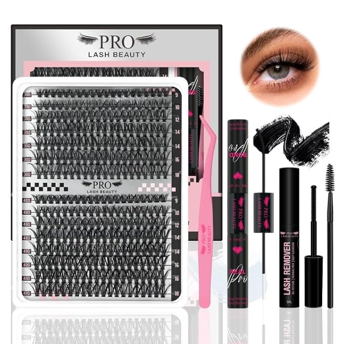 Lash Extension Kit 300 Pcs Lash Clusters Eyelash Extension Kit with Lash Bond and Seal Lash Remover Eyelash Brush Tweezer DIY at Home (30D+40D, D-9-18mix Kit)