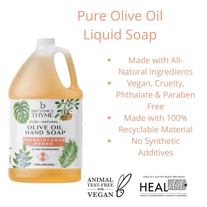 Brittanie's Pure Organic Castile Liquid Olive Oil Soap Refill, Frankincense, 1 Gallon | Face, Body Wash, Dishes, Pets & Laundry | Vegan & Gluten Free Non-GMO