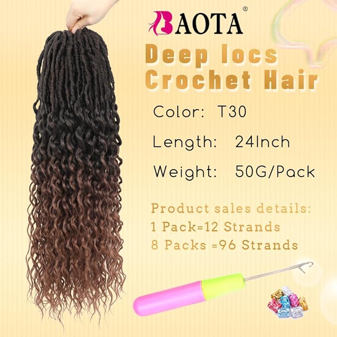 24 Inch 8 Packs Crochet Hair for Women Goddess Locs Crochet Hair Faux Locs with Curly Ends Hair Extension Pre Looped Deep Wave Ombre Brown T30 Color