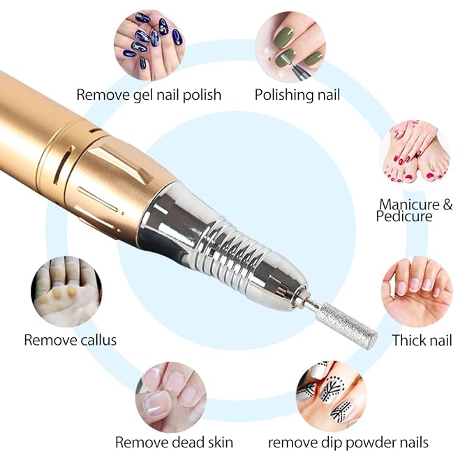 Professional Electric Nail Drill, USB Portable Nail E File Cordless Machine Set for Acrylic Gel Nails, Manicure Pedicure Fast Removal Tool with Nail Drill Bits Sanding Manicure Salon Home (Gold)