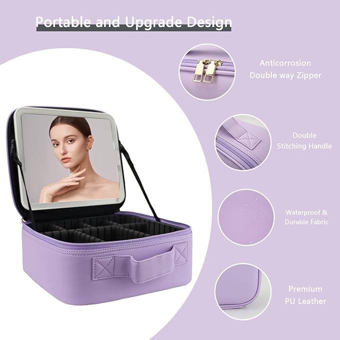 Travel Makeup Bag with LED Lighted Mirror,Cosmetics Organizer, Makeup Bag with 3 Color Lighted Setting, Portable Storage and Adjustable Dividers Travel Makeup Bag(Purple)