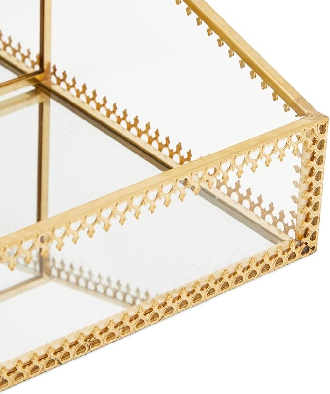 Glass Makeup Organizer with Gold Trim for Vanity, Cosmetic Storage (10.2 x 7.5 x 3.5 In)